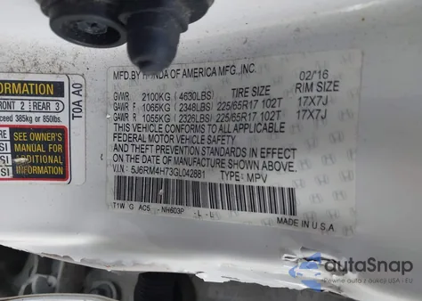 2016 Honda Cr-V Ex-L z USA, uszkodzony, nr VIN 5J6RM4H73GL042881